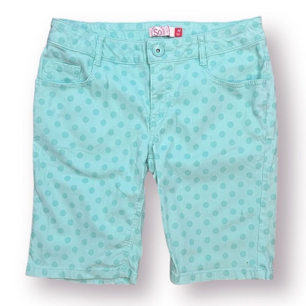 SO Polka Dot Bermuda Jean Shorts Mint Green Cotton Blend Girls 14